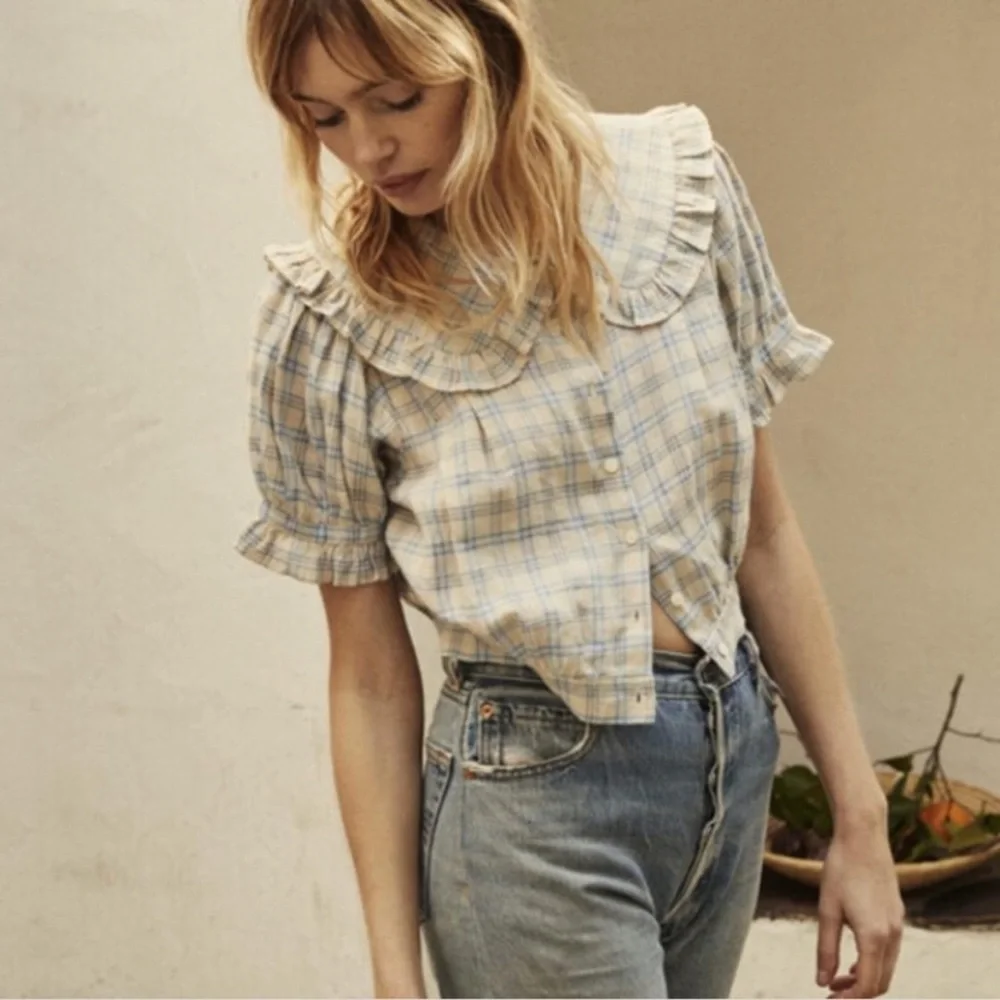 NWT Doen Sparrow Ramie Ruffle Collar Button Crop Top Meadowlark Plaid Blue - Picture 3 of 12